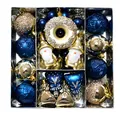 Assorted blue and gold Christmas ornaments set featuring gnomes and a doughnut shape. - 60 Pieces / Royal Blue + Gold