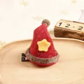Handmade red felt Christmas hat hair clip with yellow star and brown fuzzy pom-pom - Christmas Felt Hat Clip