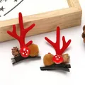 Cute red reindeer antler hair clips with decorative mushroom and pom-pom elements - Pine Cone Style / One Pair / Red