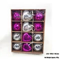 Detailed view of mixed fuchsia and silver disco mirror balls in a 12-compartment gift box. - Heart And Round Set / 16 Pieces Pack / Purple + Silver