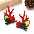 Cute 3D reindeer antler hair clips with colorful festive pom-poms for Christmas holiday. - Red and Green Fur Ball Style / One Pair / Red