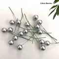 Silver 2.0cm artificial berry pips with green wire stems for Christmas holiday decoration - Berries / 200 Pieces/Pack (2.0cm) / Silver