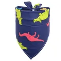 Detailed view of dark blue pure cotton pet bandana featuring vibrant dinosaur patterns. - Dinosaur Print / Navy Blue