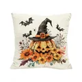 Halloween Kissenbezug mit Kürbis- und Hexenhut-Druck für Sofa-Deko - 45cm*45cm / Kürbis Zauberer Sonnenblume (BZT-9)