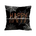 Halloween Kissenbezug mit Spinnennetz-Muster und Happy Halloween Aufdruck in Schwarz - 45cm*45cm / Schwarzes Spinnennetz Festtext (BZT-10)