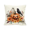 Halloween Kissenhülle mit Geister-, Kürbis- und Raben-Aquarelldruck - 45cm*45cm / Kürbis Geist Krähe Illustration (BZT-11)