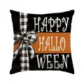 Halloween Kissenbezug mit Happy Halloween Text und einem schwarz-weiß karierten Schleifendesign - 45cm*45cm / Schwarz Oranger Karo-Bogen Slogan (BZT-14)