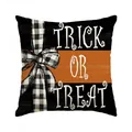 Halloween-Kissenbezug mit 'Trick or Treat'-Schriftzug und kariertem Schleifendekor - 45cm*45cm / Schwarz Oranger Bogen Slogan (BZT-16)