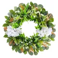 Artificial greenery wreath featuring white hydrangea and eucalyptus leaves on white - White Hydrangea Eucalyptus Wreath (A-2333-SH)