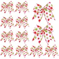 Set of 12 Christmas bows with red and green polka dots for holiday tree decoration - 16x1x15cm / Set of 12 / White with Red and Green Polka Dots