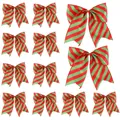 Set of 12 festive red and green striped Christmas bows for tree and gift decoration - 15x0.5x15cm / Set of 12 / Red Green Diagonal Striped