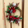Corona de Navidad artesanal con cardenal rojo y agujas de pino, altura total de 45 cm - Media corona con pájaro rojo / 45cm / Rojo y Verde