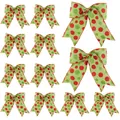 Decorative set of 10 green Christmas bows with red glitter dots for trees and wreaths. - 15.5x1x17.5cm / 10 Pieces Pack / Green Glitter Polka Dot