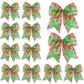 Decorative set of 12 Christmas bows with red and green diagonal stripes for trees - Letter Print Red White Border