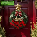 Traditional Christmas wreath with Merry Christmas sign and red poinsettia on a red door - Christmas Wreath