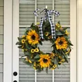 Vibrant artificial sunflower wreath for front door decor with black and white plaid bow - Sunflower Bowknot / 40CM / Yellow