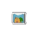 Macro view of a colorful enamel cartoon house charm link for DIY modular bracelets. - Bracelet Link Module (Y589) / Cartoon House Scenery (Y589)