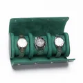 Green leather travel watch roll storage case with three compartments and soft suede lining - 3 Slots (Smooth) / Green