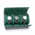 Estuche de viaje para 3 relojes de cuero verde esmeralda con forro de terciopelo y clip - 3 Ranuras (Liso) / Verde