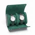 Estuche de viaje de lujo para 2 relojes en cuero verde oscuro con cierre a presión - 2 Ranuras (Liso) / Verde