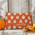 Halloween Geister Lendenkissenbezug mit Spooky-Schriftzug auf rustikalem Holzhintergrund - Orangefarbener Geist Spooky (YZT-5) / 30cm*50cm