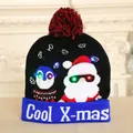Festive LED Christmas beanie with Santa and penguin pattern, Cool X-mas knit hat set - Owl Santa Pattern