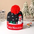 Festliche LED-Weihnachtsmütze gestrickt mit Feliz Navidad Schriftzug und rotem Bommel - Schwarzer Schneemann