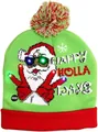 Festliche grüne LED-Weihnachtsmütze mit Weihnachtsmann und Happy Holla Days Text - V-Zeichen Weihnachtsmann