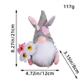 Gnome de Pâques en peluche avec oreilles de lapin, hauteur 21 cm, poids 117 g. - Gnome au Chapeau Gris Tricoté avec Fleurs