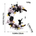 Gothic Halloween moon wreath featuring black roses, white flowers and black cat silhouette - White Flower & Black Rose Moon Cat Style (T3-22)