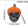 Halloween decorative resin skull with pumpkin hat, 8cm height and 105g weight specification - Closed Mouth Short Stem Pumpkin Style (AA2-29) / Orange with Silver-Black