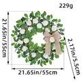 White hydrangea wreath with green leaves and burlap bow, 21.65 inch summer door decor - Summer White Hydrangea Wreath (V3-23)