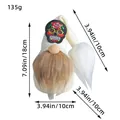 Faceless Halloween gnome doll with sugar skull patch, 18cm height dimensioned view - Brown Beard (Z1-34)