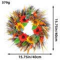 Vibrant 15.75 inch autumn sunflower wreath with pinecones and eucalyptus foliage. - Pine Cone Sunflower Wreath (U3-25)