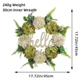 Artificial hydrangea flower wreath with hello wooden sign for front door decor 45cm - Green-White Hydrangea