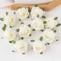Set of 10 white artificial silk rose heads for DIY crafts and wedding decor - White