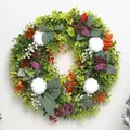 Artificial fall wreath featuring eucalyptus leaves, purple flowers and white pumpkins - Blue Flower White Pumpkin Wreath (J2-4) / 35cm