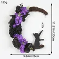 Halloween crescent moon flower wreath with black cat silhouette for festive home decor - Purple Flowers Black Rose (Crescent Moon Cat)