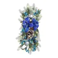 Decoración navideña de guirnalda nevada con lazo azul y luces LED de tono cálido - 45cm / Azul
