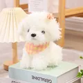Fluffy white plush puppy dog toy wearing a checkered bandana and candy accessory - White / 23cm