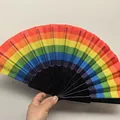 Vibrant six-color rainbow folding hand fan with durable black plastic frame for pride events - Black Plastic Rib Arc Stripe / Spread Width 42cm