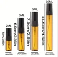 Amber glass perfume spray bottles in 2ml, 3ml, 5ml, and 10ml sizes with dimensions. - 2ml / Black Sprayer / Brown