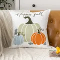 White canvas pillowcase with chenille embroidered colorful pumpkins and 'Happy Fall' greeting - Blue Pumpkin Style (Style-4)