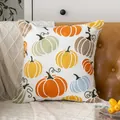 Vibrant autumn pumpkin towel embroidered canvas pillowcase for festive Halloween decor - Four Pumpkins Embroidery (Style-5)