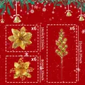 Set 18pz fiori di Natale e bacche dorate glitterate, dimensioni da 9 a 21 cm - Set da 18 Pezzi (6 Pezzi Ciascuno di 3 Stili) / Oro