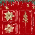 Set di fiori natalizi dorati glitterati e bacche per la decorazione dell'albero - Set da 18 Pezzi (6 Pezzi Ciascuno di 3 Stili) / Oro chiaro
