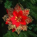 Artificial red poinsettia flower with golden glittery leaves for tree decor - Octagonal Glitter Flower / Gold Red