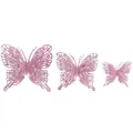 Set of 3 pink hollow glitter butterflies in different sizes for Christmas decor - 12-14cm (Medium) / Pink