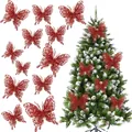 Set of 15 red glitter double-layer butterfly Christmas tree ornaments for festive decor. - 9x10cm (Small) / Red