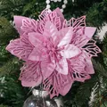 Elegant pink glitter artificial poinsettia flower head for festive Christmas tree decor - Octagonal Glitter Flower / Pink